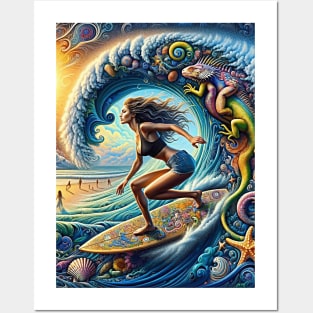 Surfer Girl Iguana Wave Posters and Art